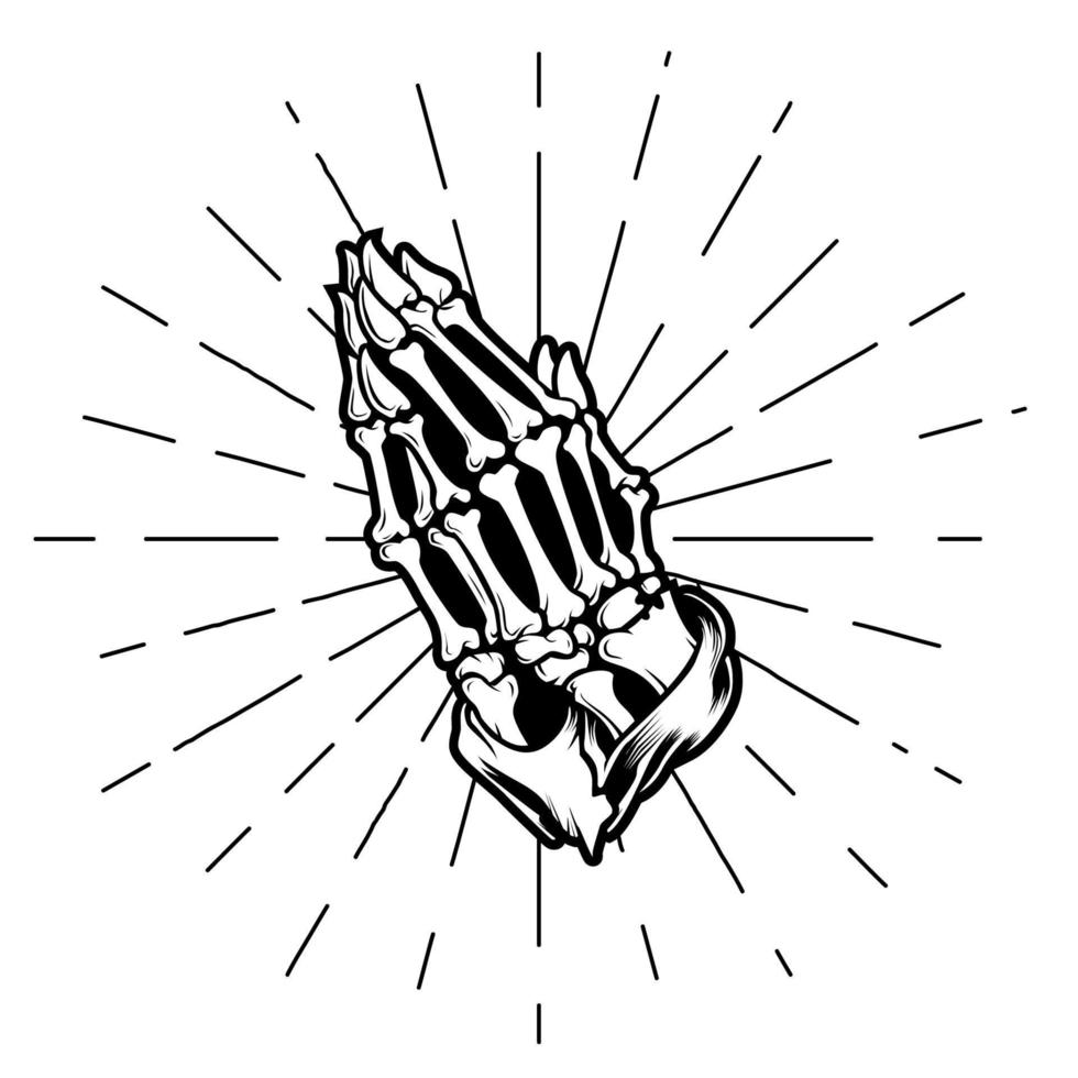 ilustración de elemento de cráneo de mano rezando con fondo de rayos de sol. diseño de estilo vintage y retro. pasos vectoriales 10. vector