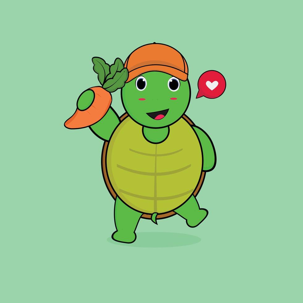 cute turtle in hat holding carrot with happy expression vector