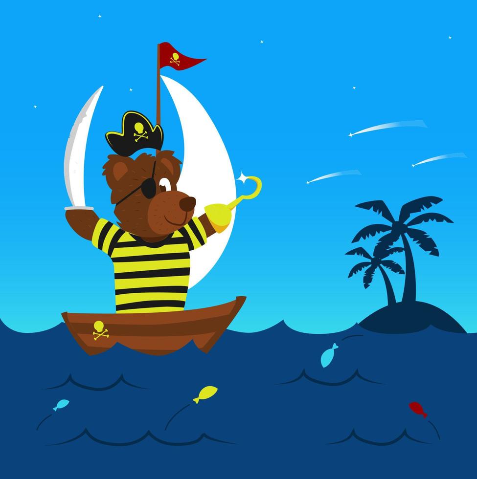 funny pirate bear on his boat sailing the sea reaching the land for adventure with some colorful jumping fish vector