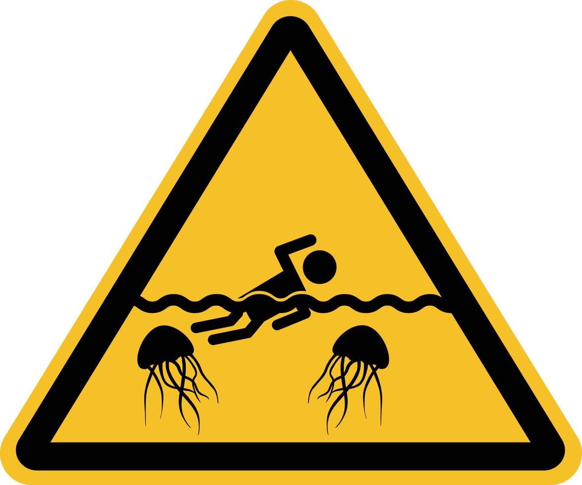 Advertencia, cuidado con el icono de las medusas en el fondo blanco. medusas de mar y nadador en el cartel. estilo plano vector