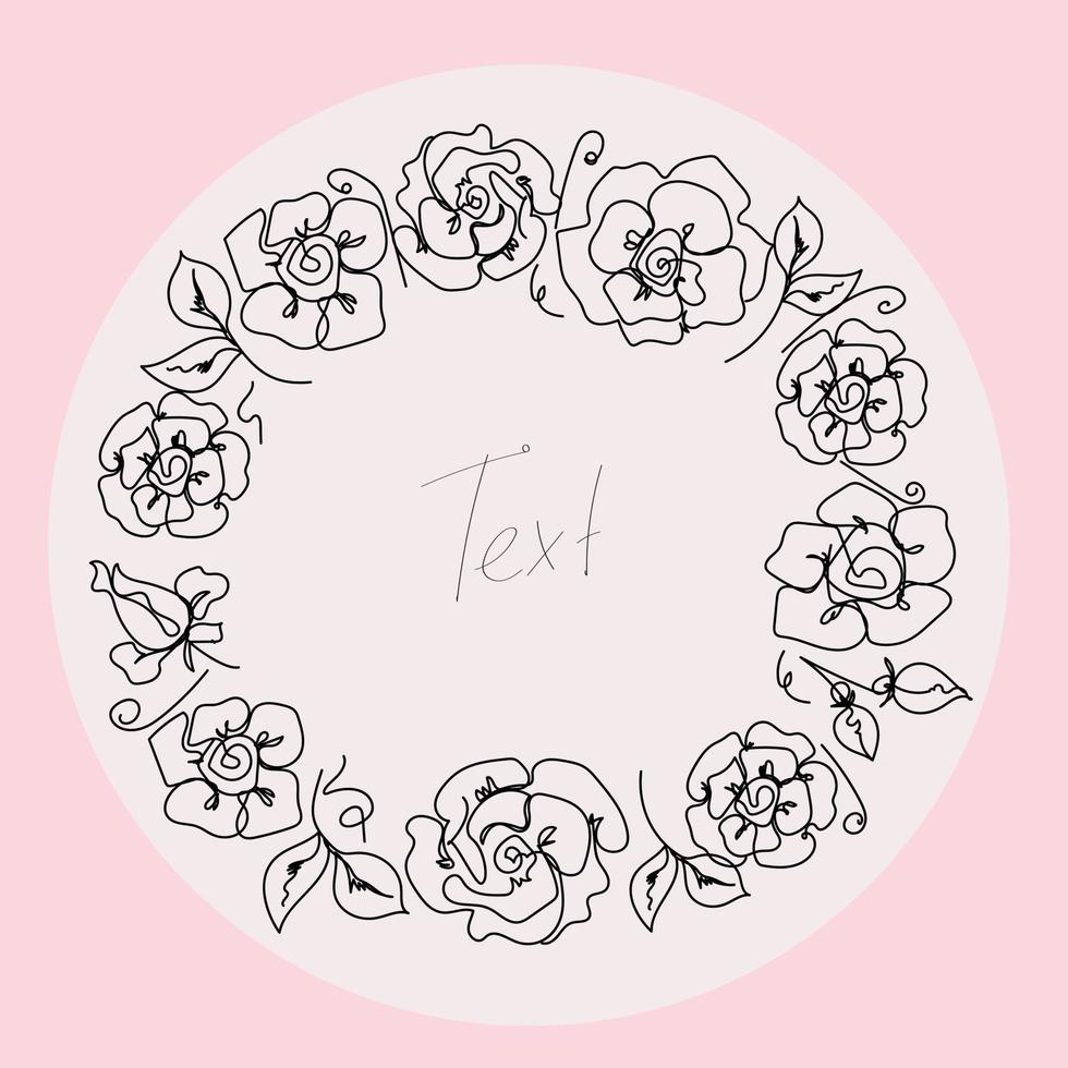 Rose continuous line wreath, outline sketch style vector abstract art.