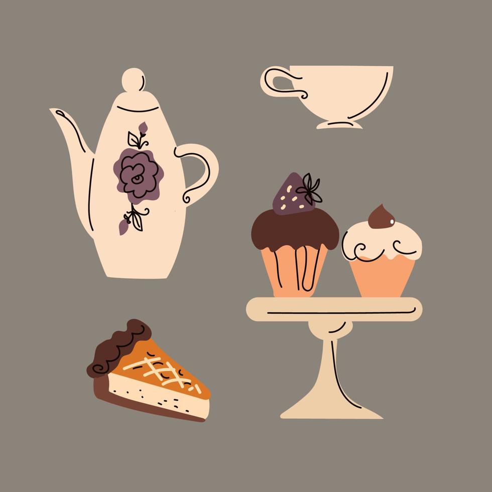 puesto de té de la tarde con tortas, íconos de postres de la cafetería. vector
