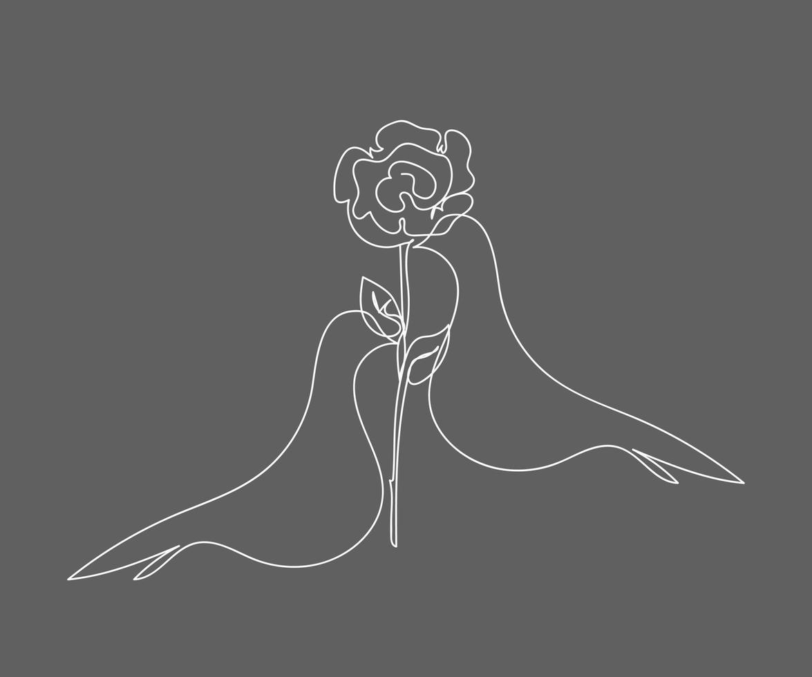 Rose fnd birds continuous line set, outline sketch style vector abstract art.