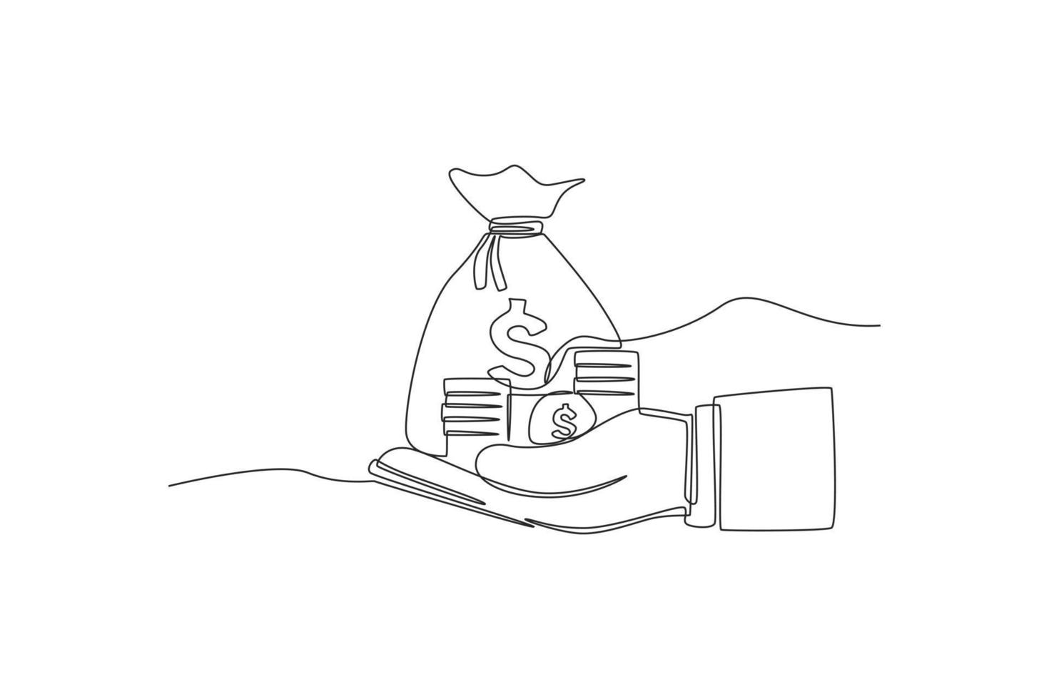 Continuous one line drawing hand holding money bag with gold coins. Wealth and prosperity concept. Single line draw design vector graphic illustration.