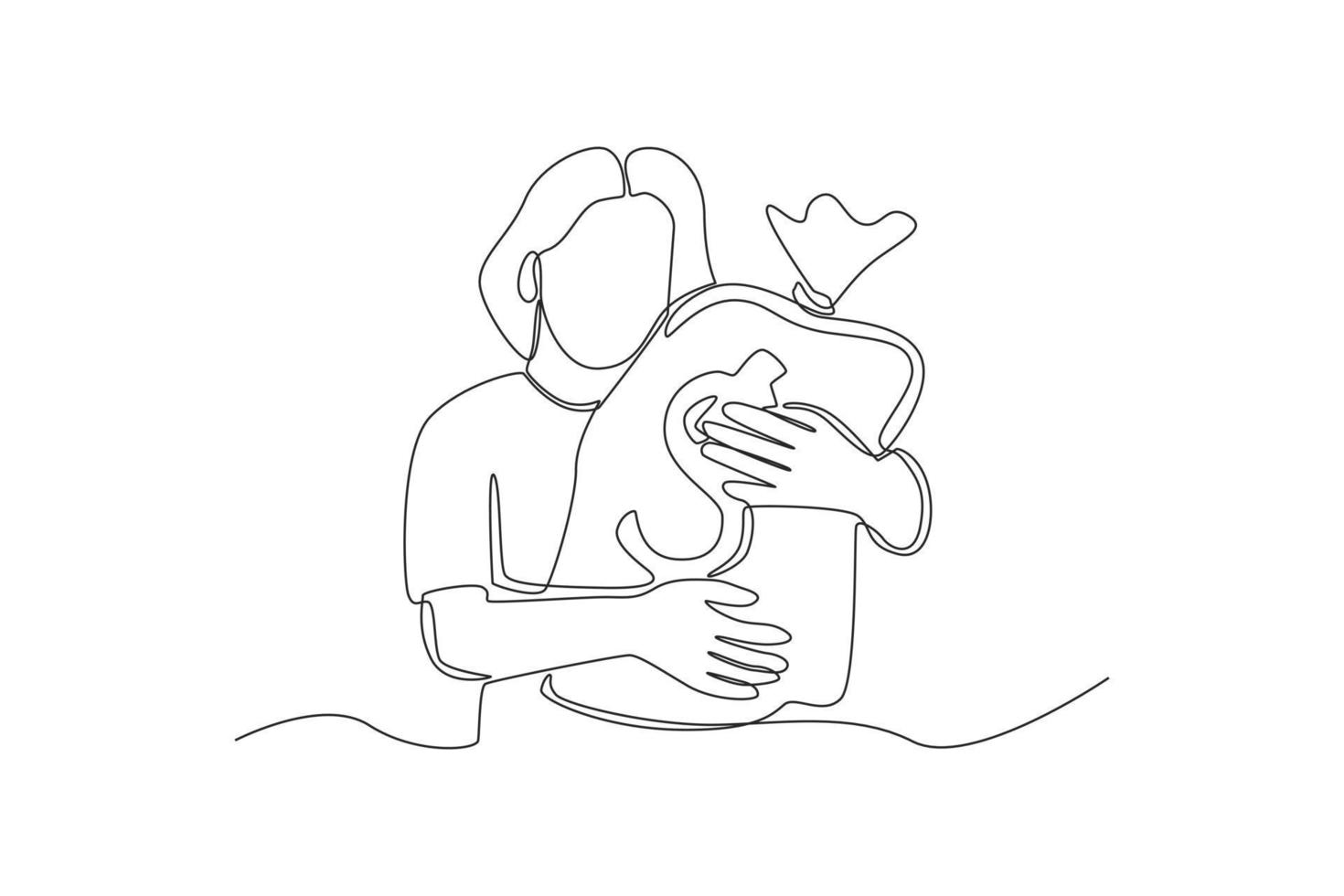 dibujo de una línea continua mujer feliz enorme bolsa de dinero. concepto de riqueza y prosperidad. ilustración gráfica vectorial de diseño de dibujo de una sola línea. vector