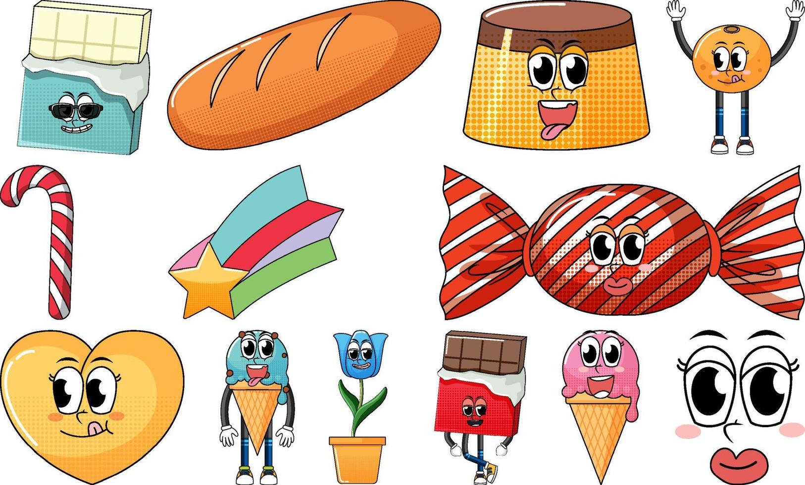 Set of objects and foods cartoon characters vector