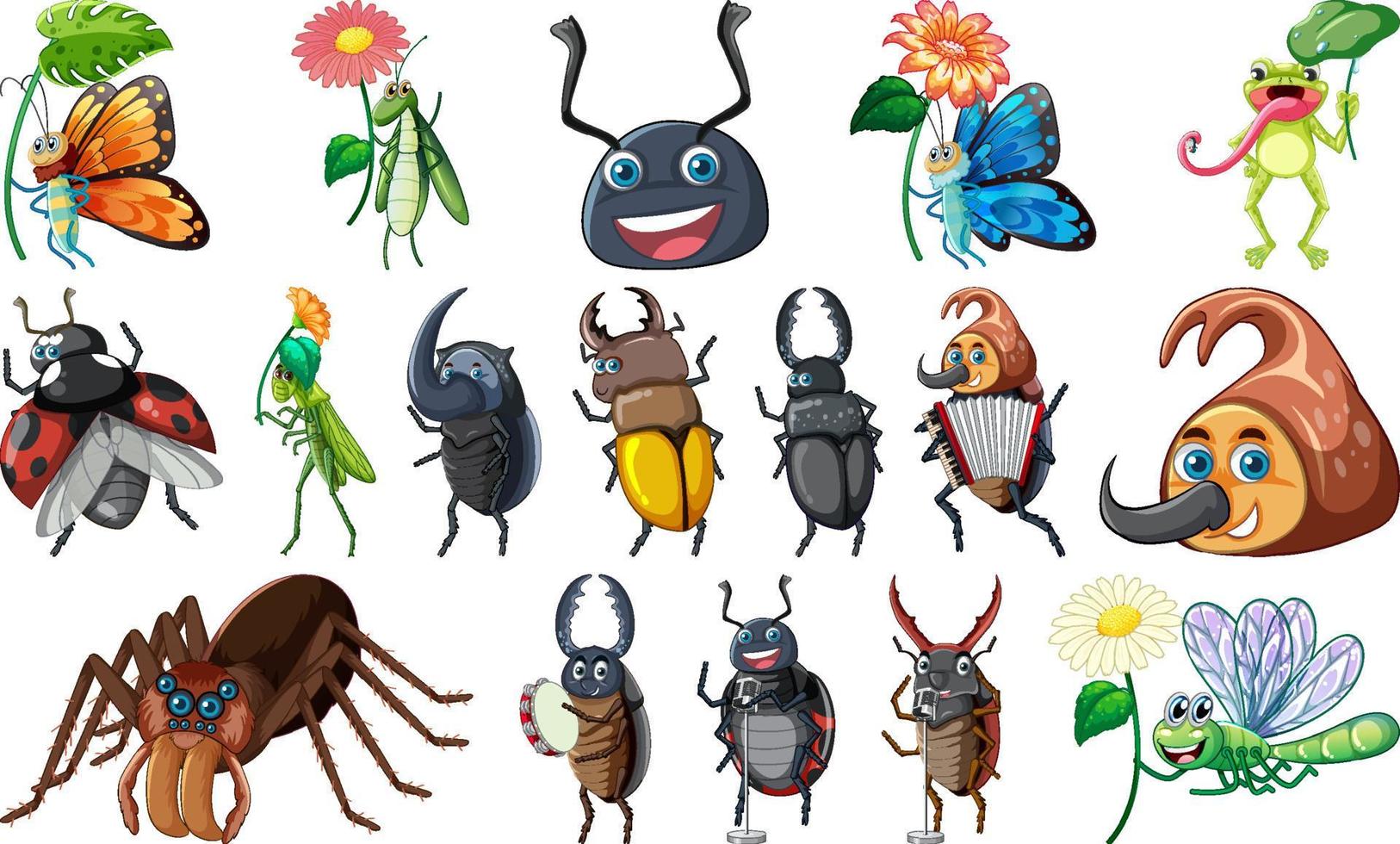 conjunto de varios dibujos animados de insectos y anfibios vector