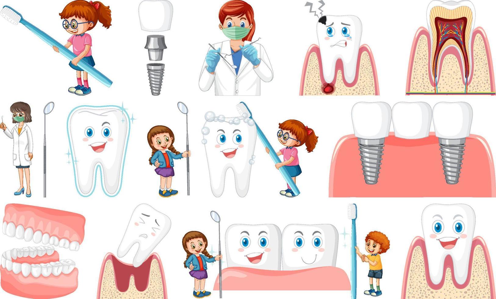 Set of dental equipments and cartoon characters vector