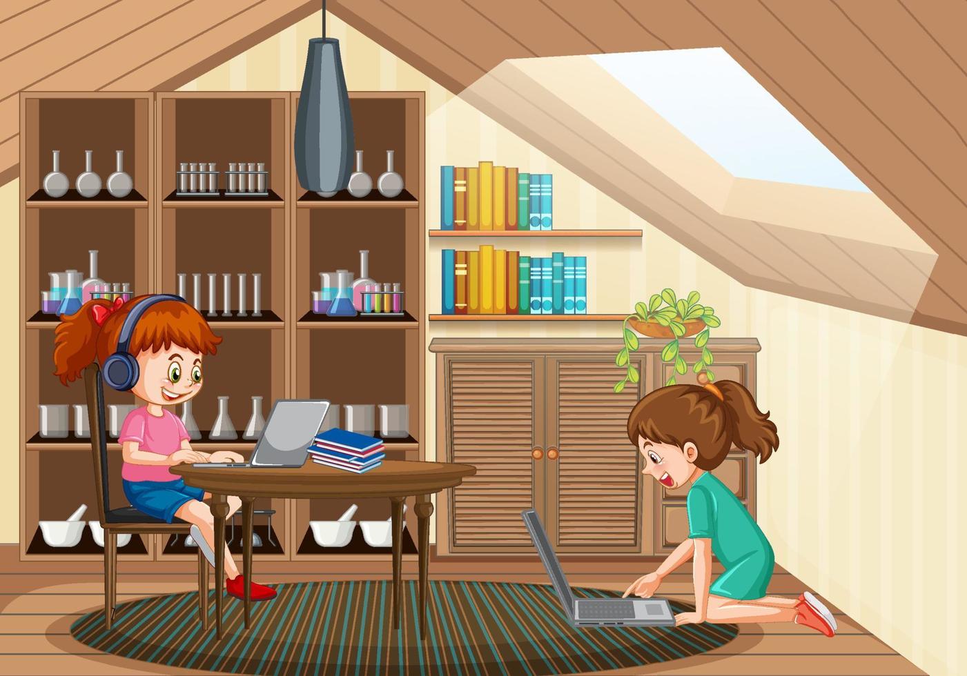 At home scene with children using their laptops vector