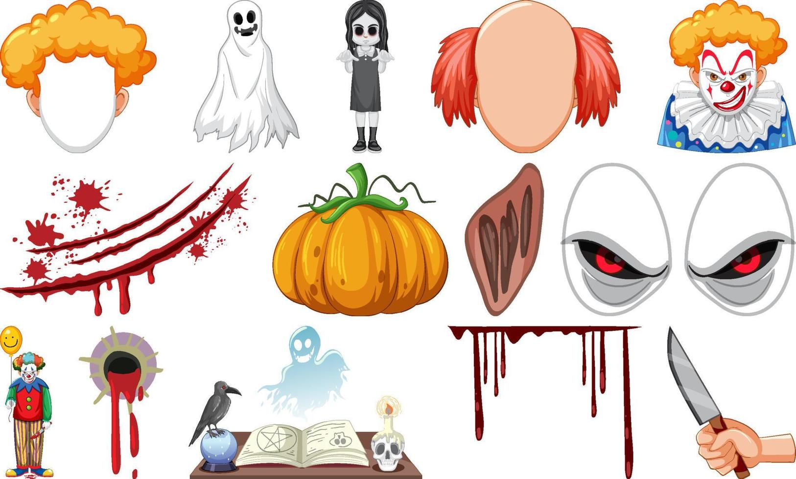 Set of horror halloween objects and cartoon characters vector