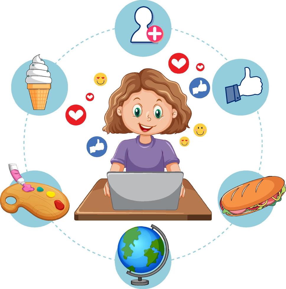 A girl using laptop for online learning vector