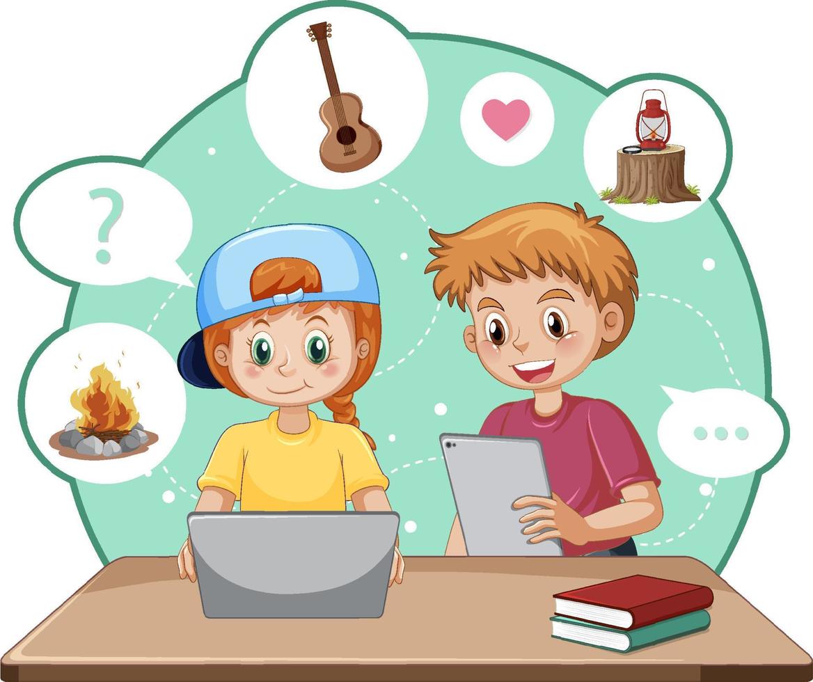 Children browsing internet on their laptop vector