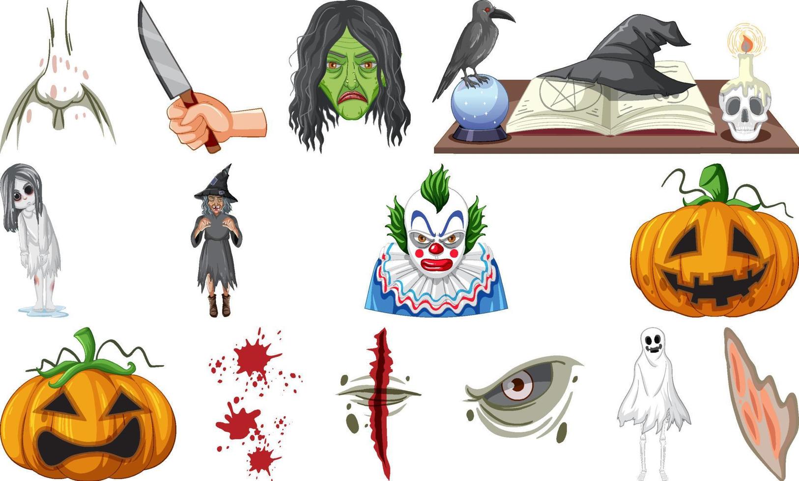 conjunto de objetos de terror de halloween y personajes de dibujos animados vector