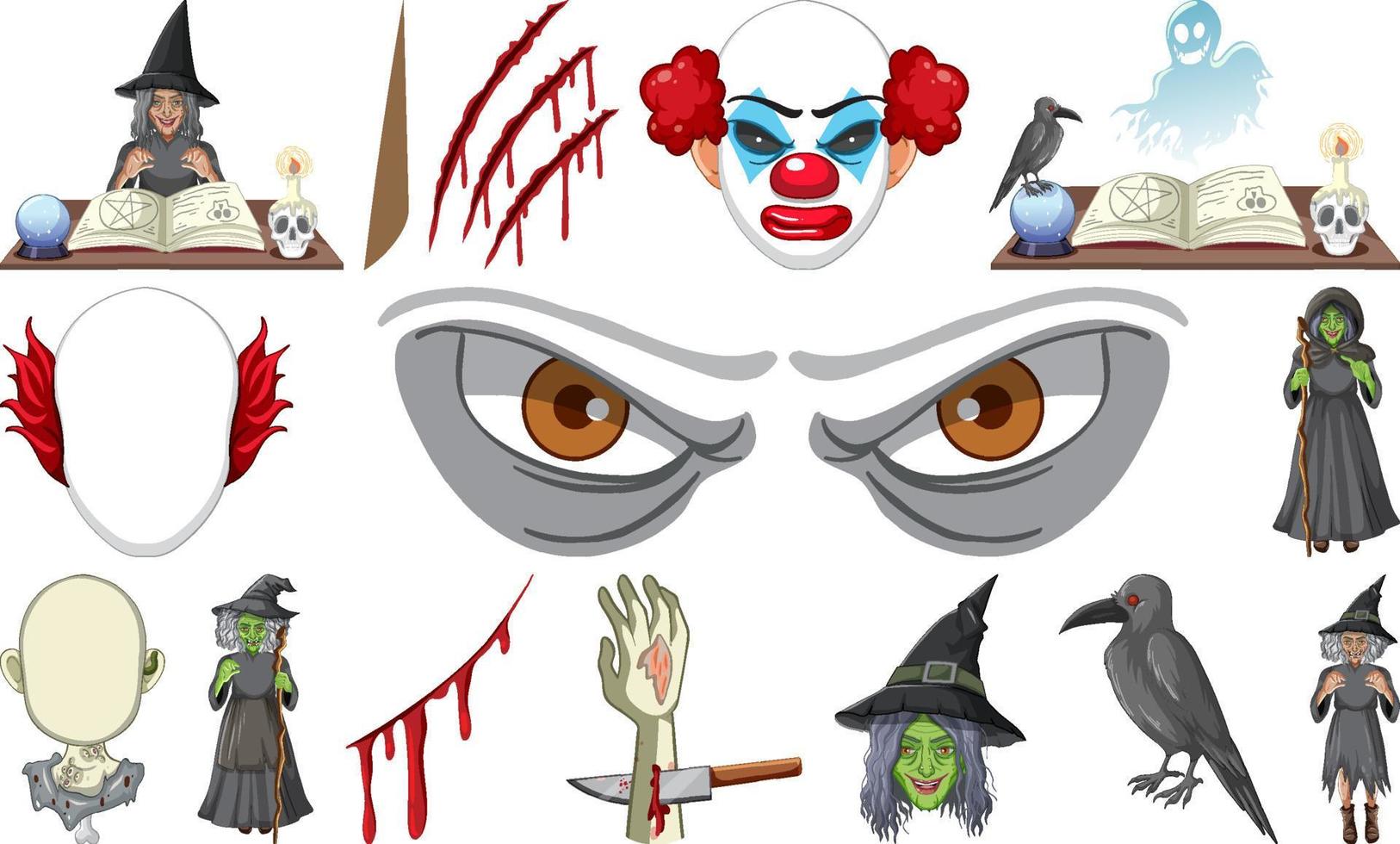 conjunto de objetos de terror de halloween y personajes de dibujos animados vector