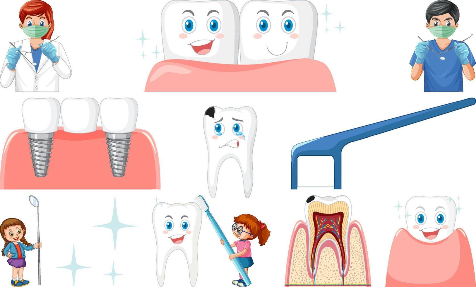 Set of dental equipments and cartoon characters vector