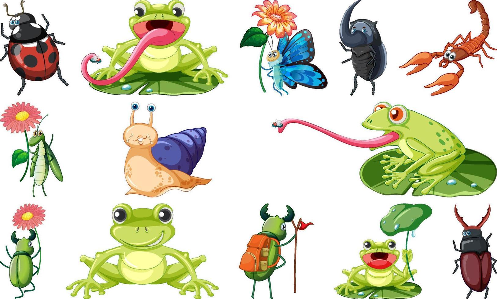Set of various insects and amphibians cartoon vector