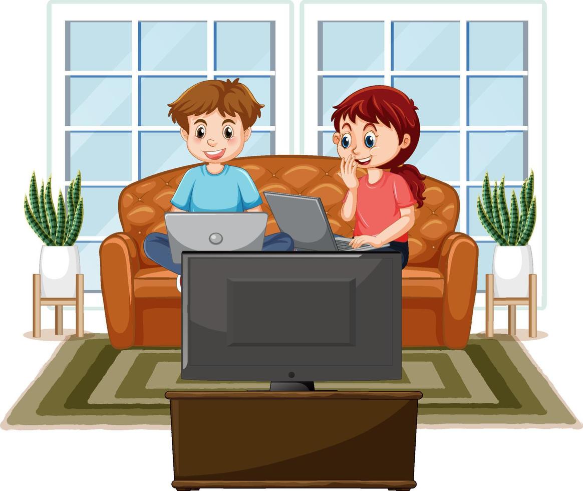 At home scene with children using their laptops vector