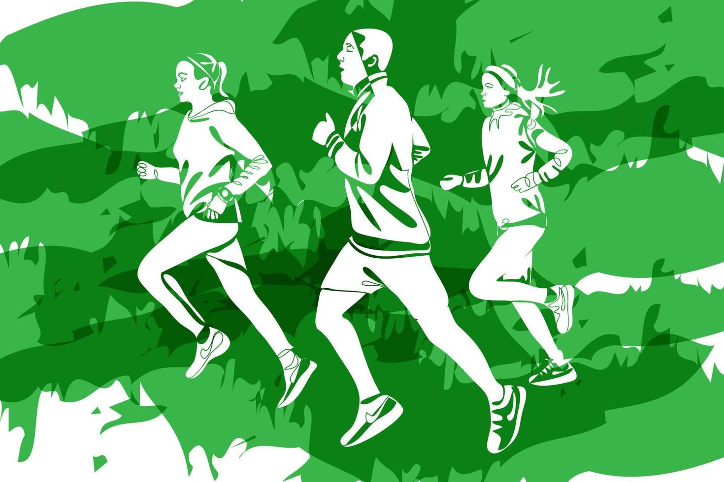 Silhouettes of people running marathon on green background vector