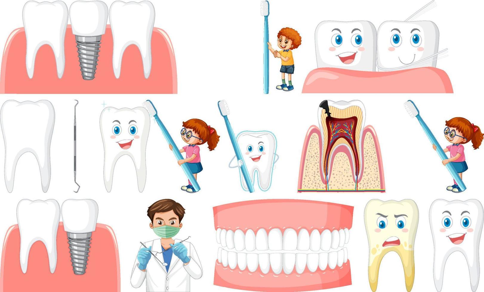 Set of dental equipments and cartoon characters vector