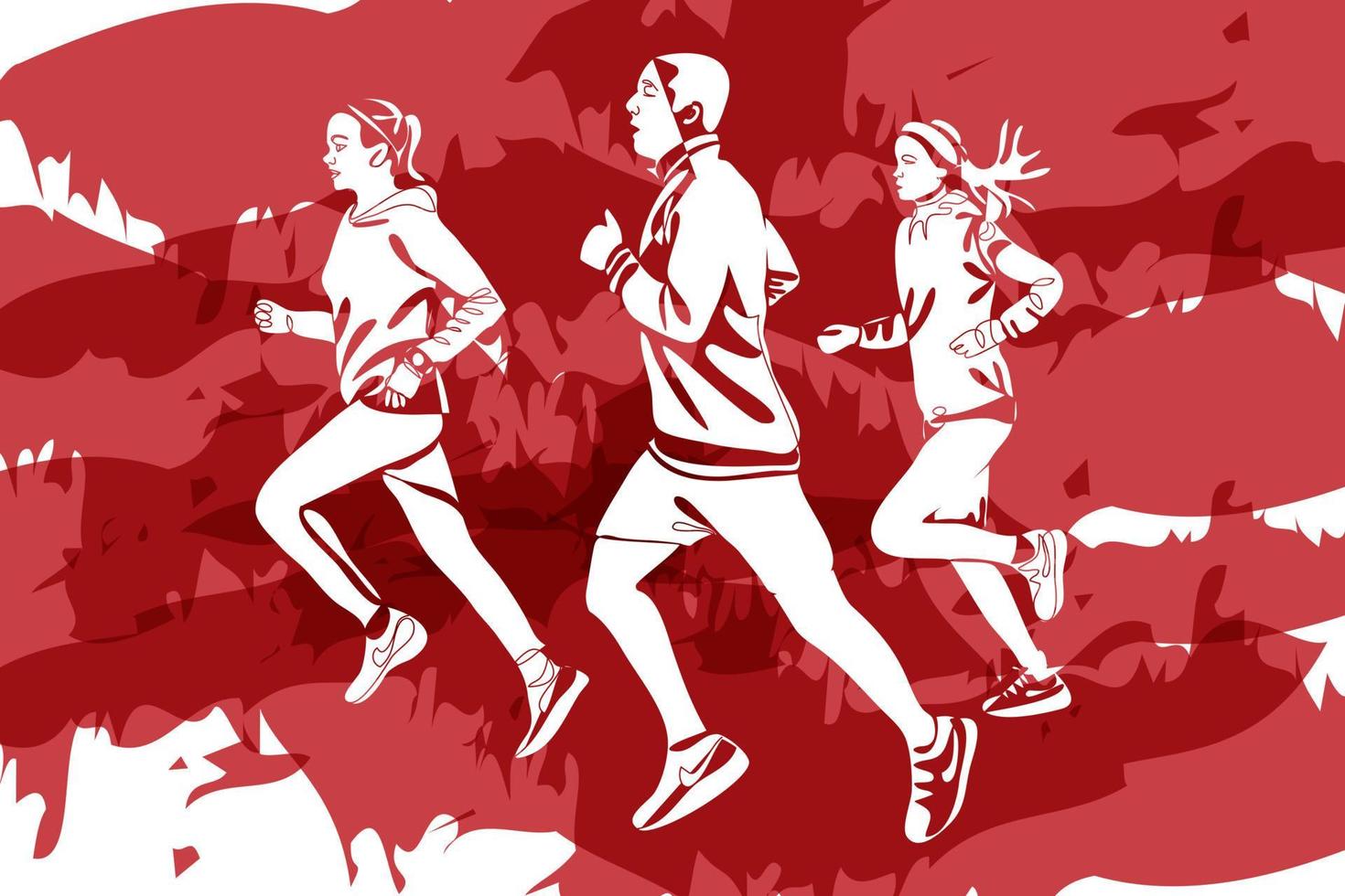 Silhouettes of people running marathon on red background vector