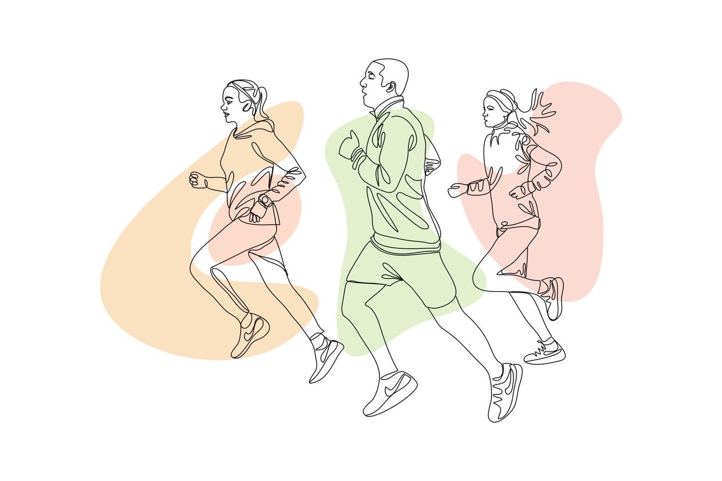 People running marathon one line vector