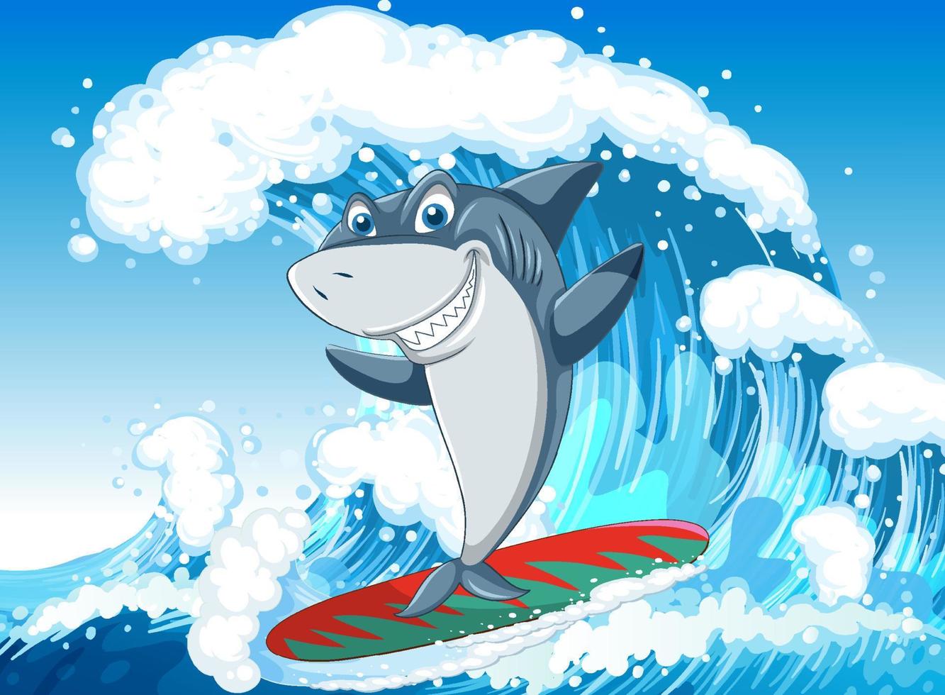 lindo personaje de dibujos animados de tiburones surfeando en el océano vector
