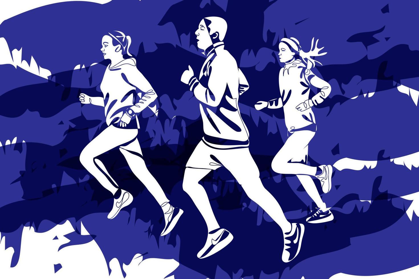 Silhouettes of people running marathon on blue background vector