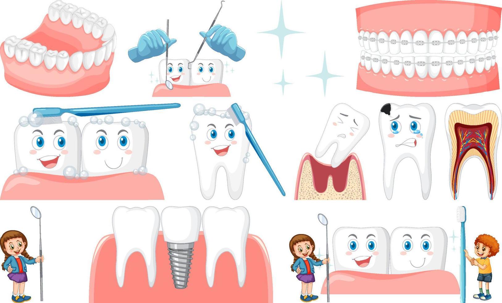 Set of dental equipments and cartoon characters vector