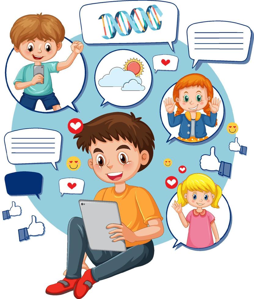 A boy using laptop for online learning vector