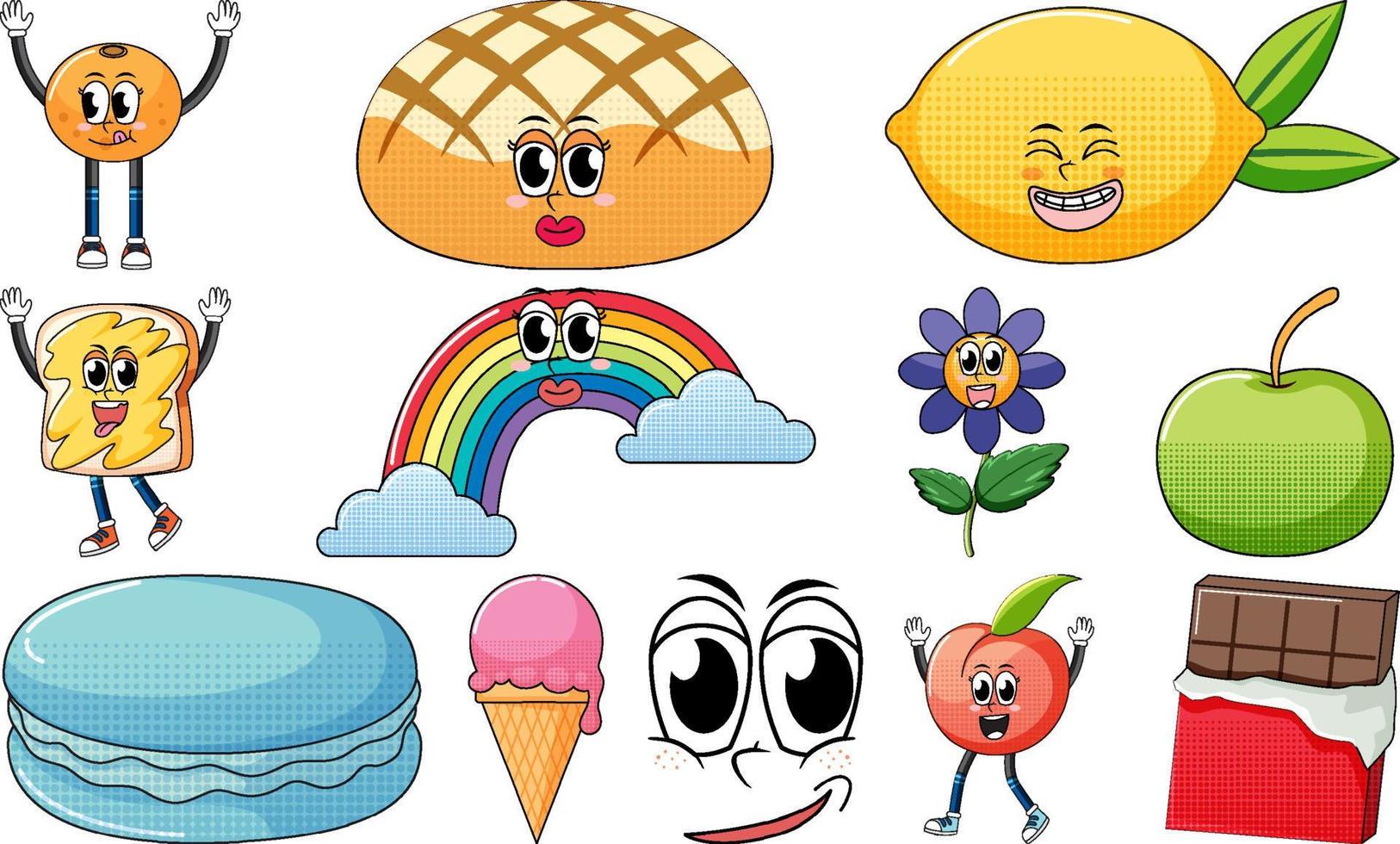 Set of objects and foods cartoon characters vector