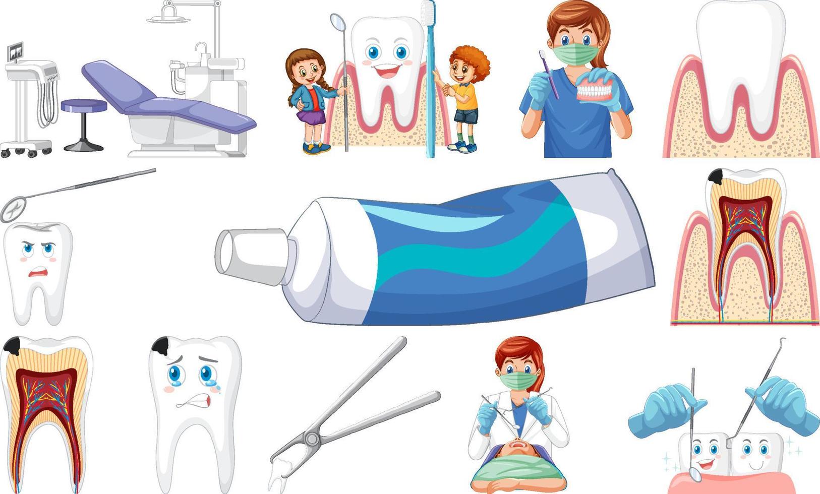 Set of dental equipments and cartoon characters vector