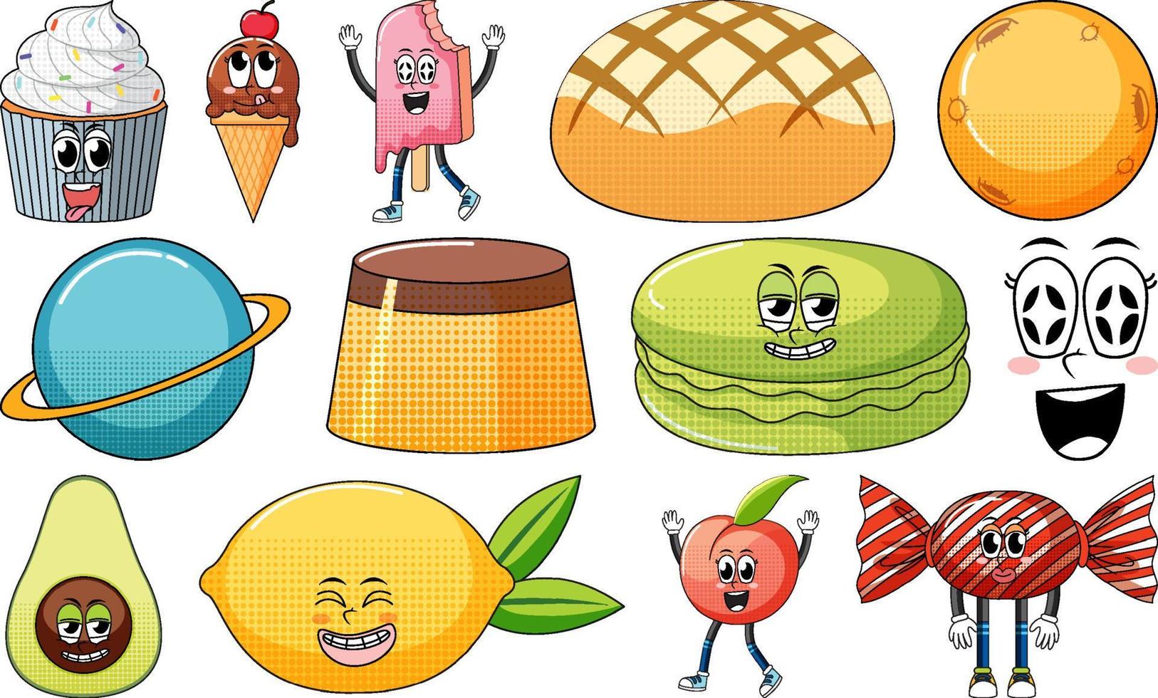 Set of objects and foods cartoon characters vector