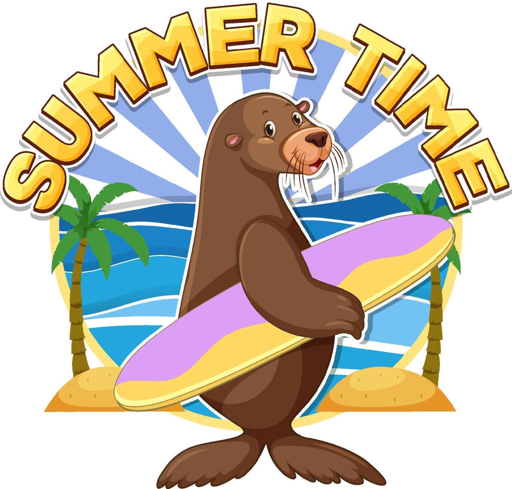 Sea lion carton character with summer time word vector