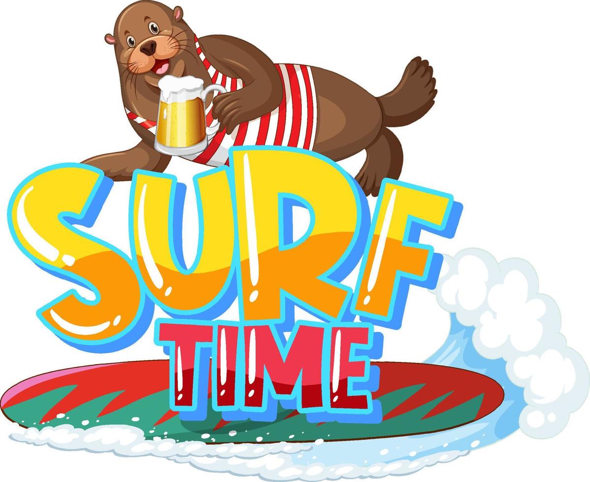 Sea lion cartoon character with surf time word vector