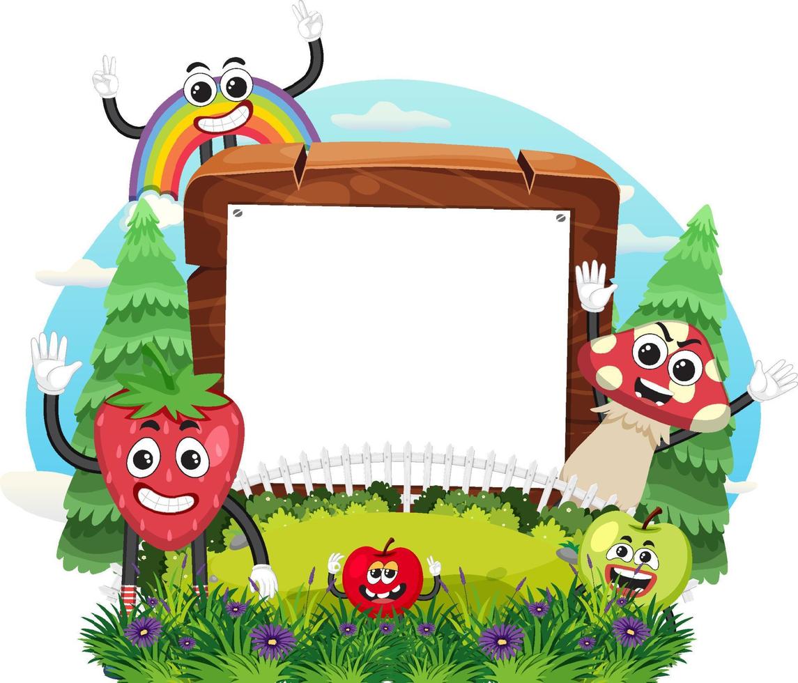 Funny food cartoon character in garden banner vector