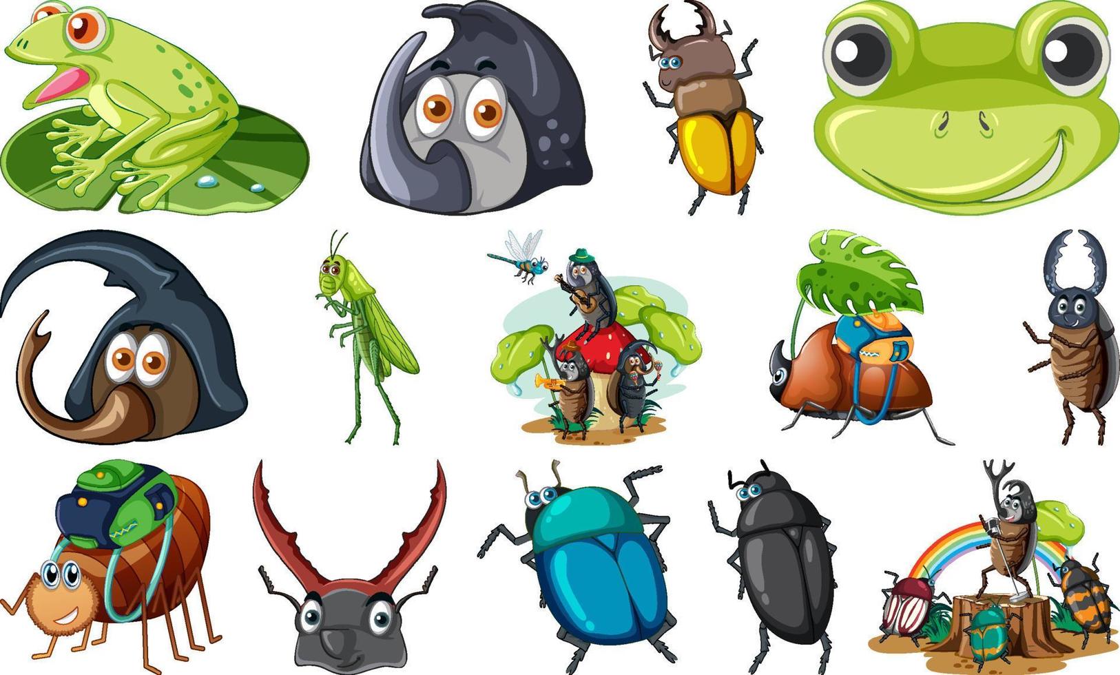 conjunto de varios dibujos animados de insectos y anfibios vector