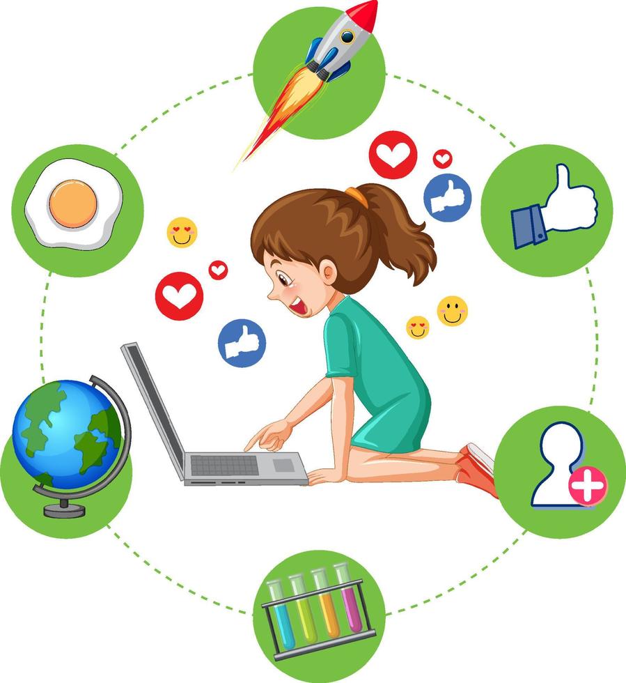 A girl browsing social media on laptop vector