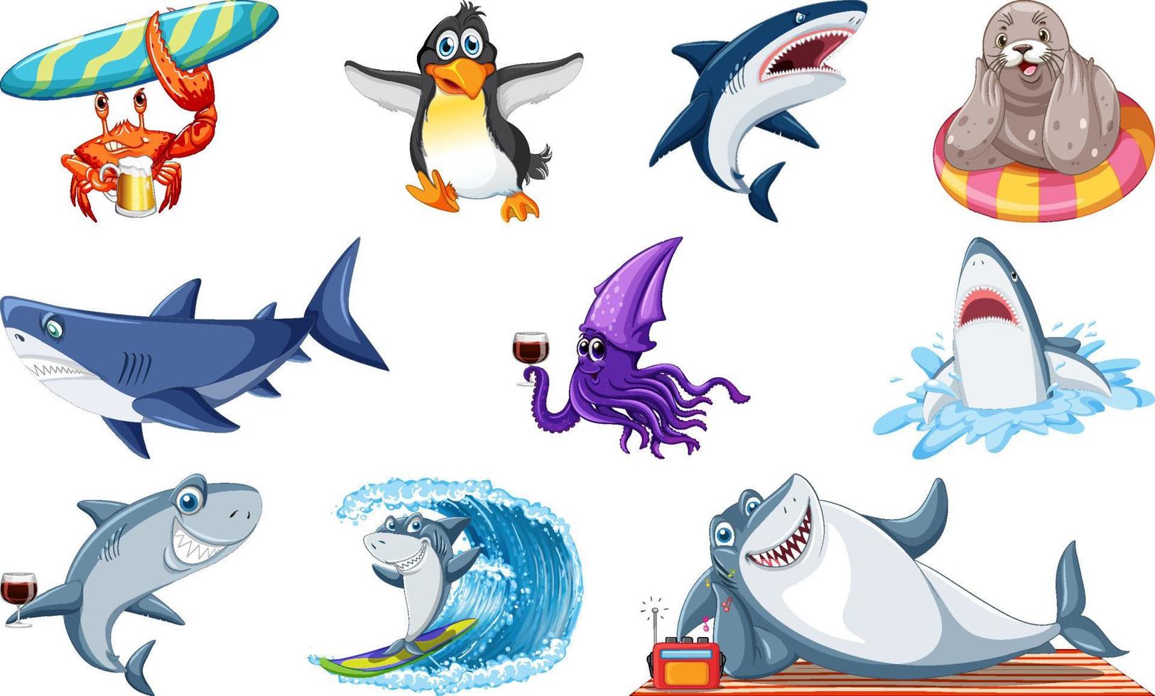 Set of various sea animals cartoon characters vector