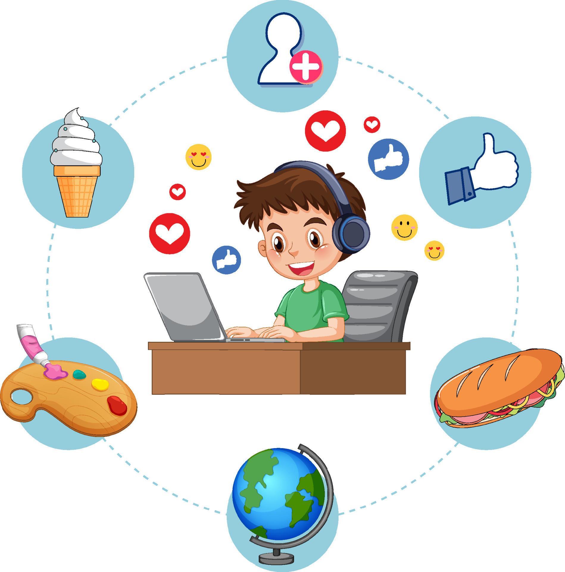 A boy browsing internet on laptop 11491019 Vector Art at Vecteezy