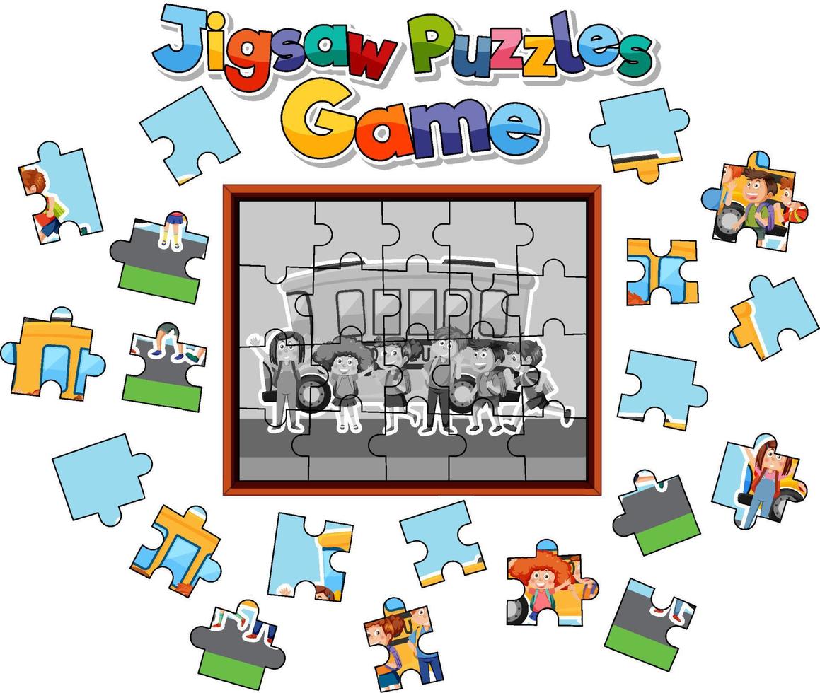 School kids photo jigsaw puzzle game template vector