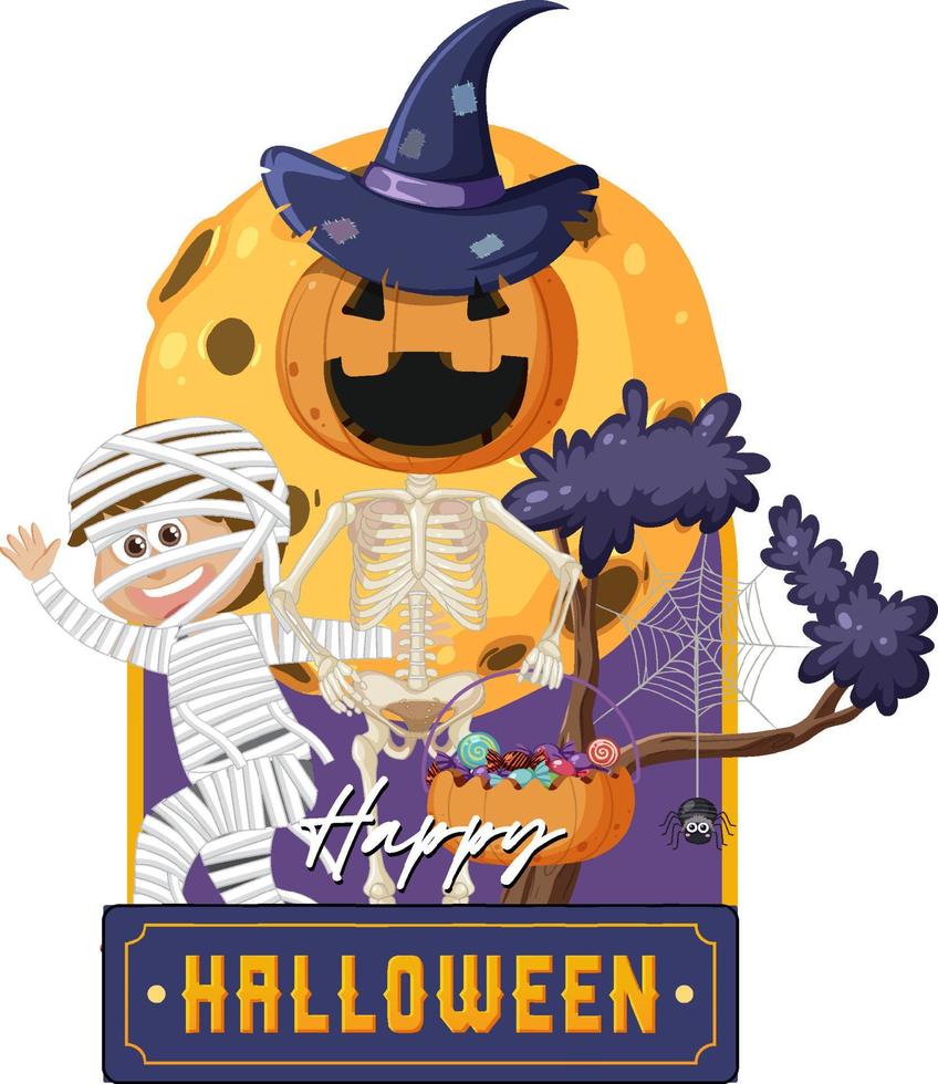 logotipo de texto feliz halloween con personaje de dibujos animados vector