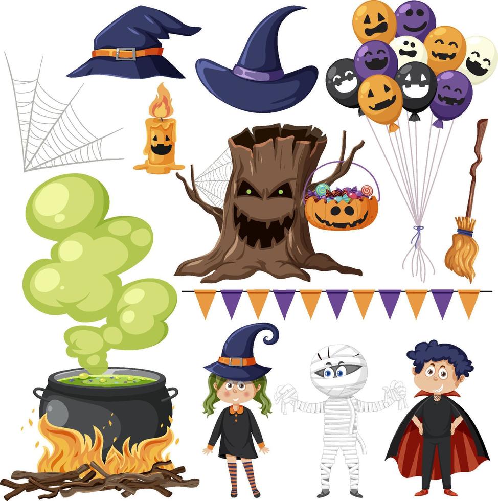 conjunto de elementos y personajes de dibujos animados de halloween vector