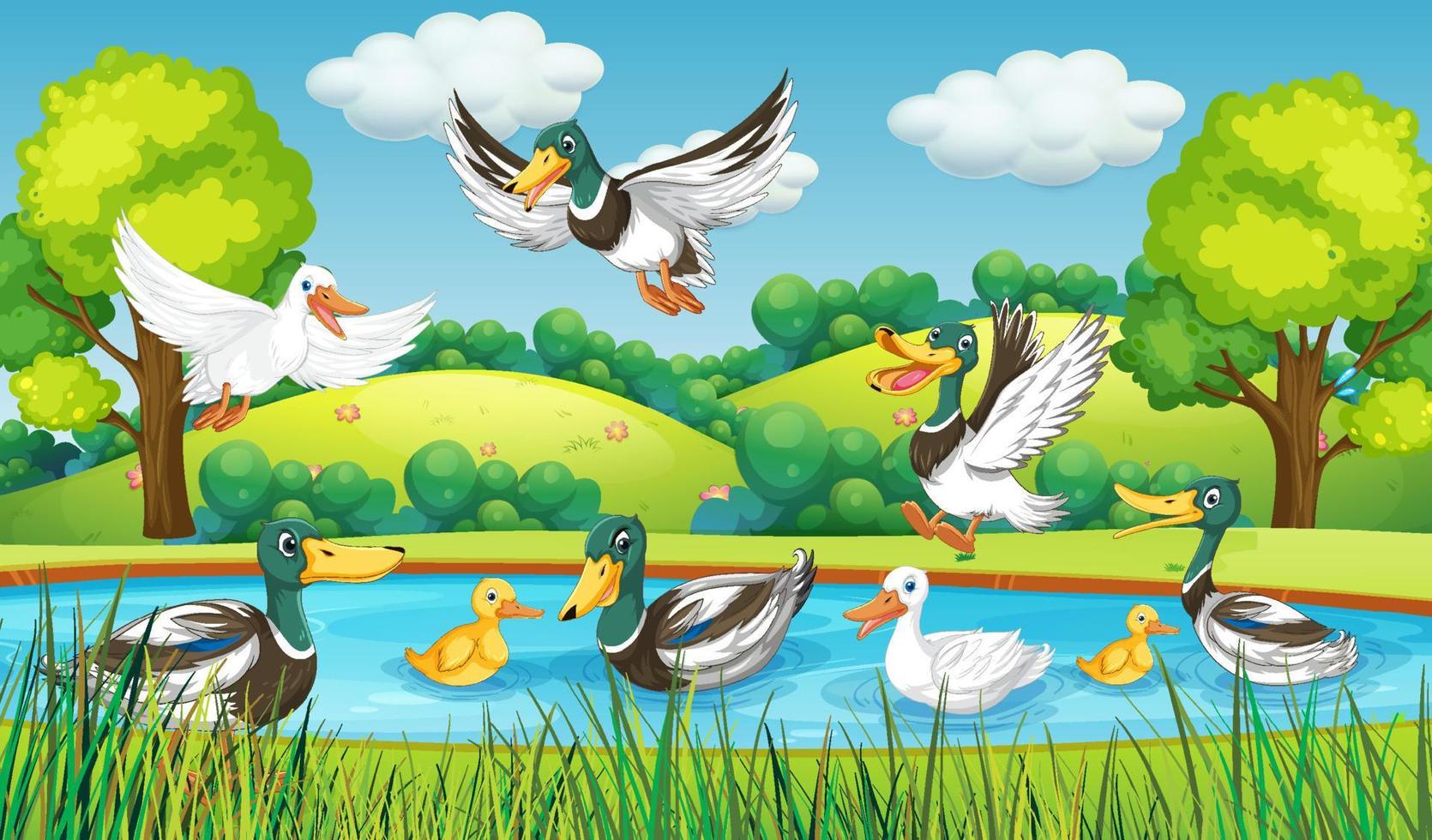 Outdoor scene with cartoon ducks vector