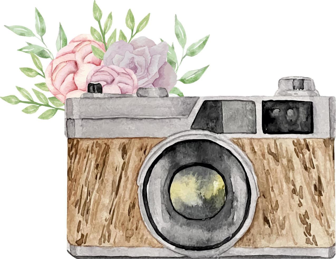 Vintage watercolor camera with wooden texture and tender pink flower. vector