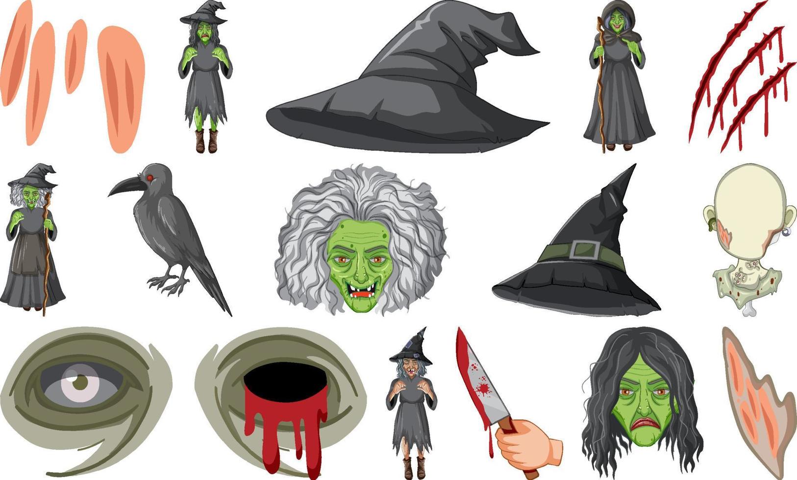 Set of horror halloween objects and cartoon characters vector