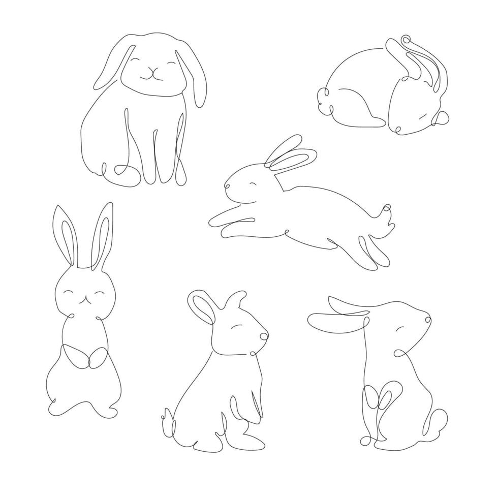 Set of  Rabbits in one line. Black line vector illustration on white background