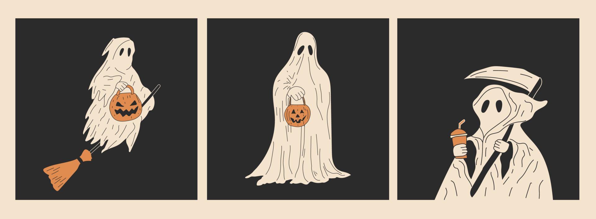 Set of funny ghosts in different poses for Halloween.Hand drawn vector illustration isolated on background. Modern flat cartoon style.