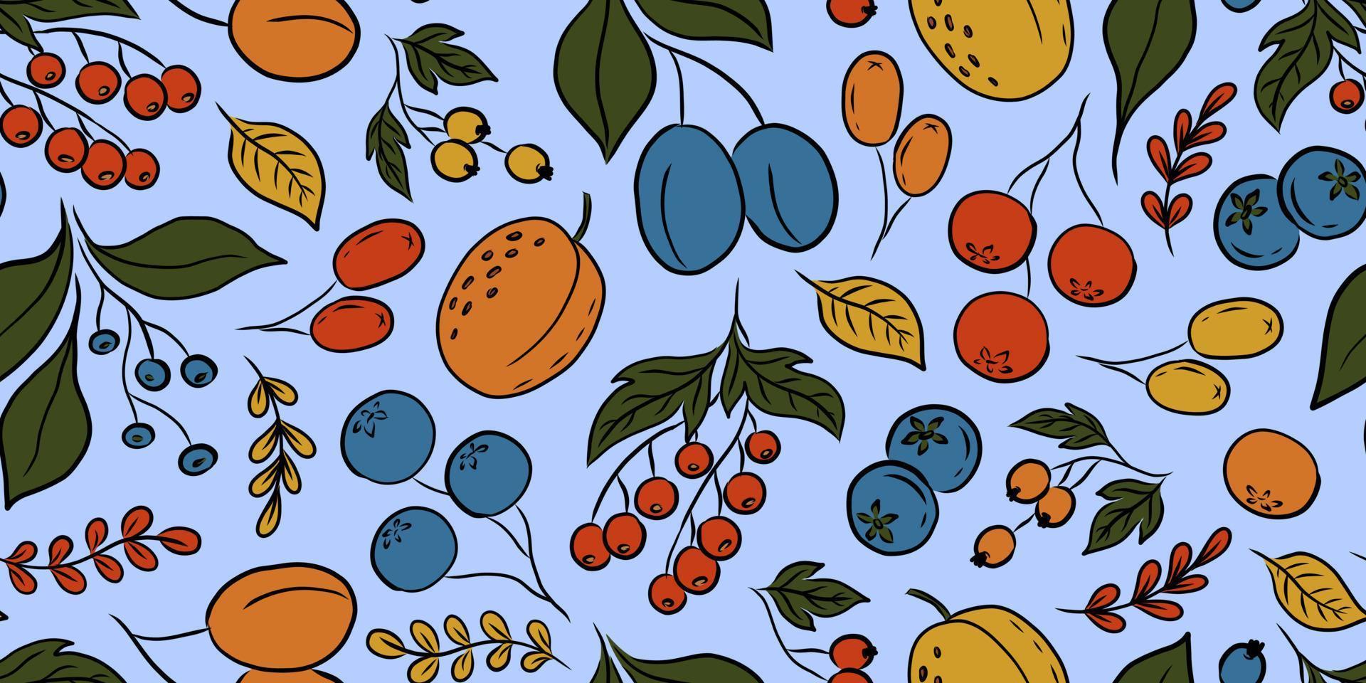 patrón transparente de vector azul claro con coloridas frutas y bayas
