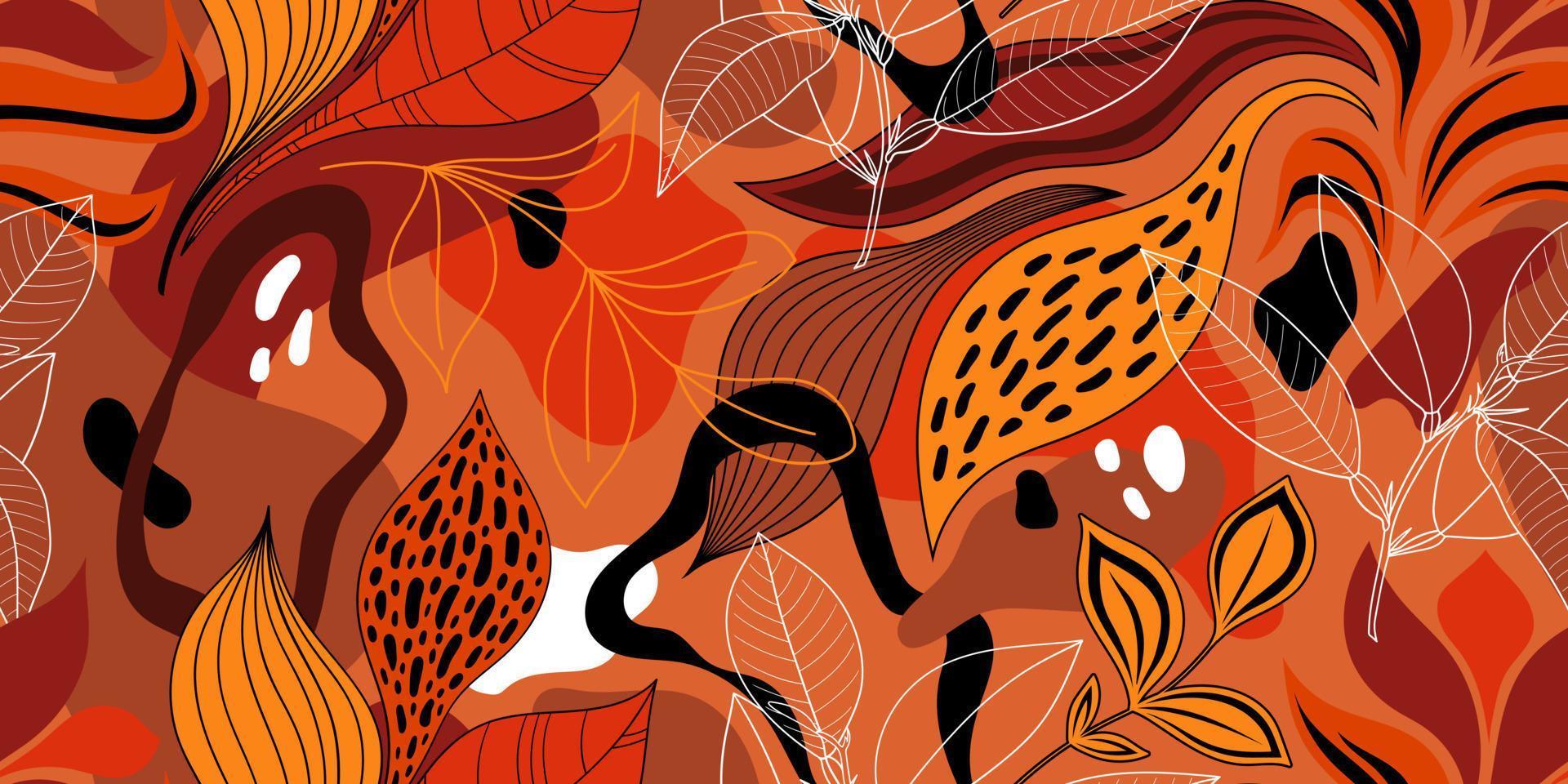 VECTOR SEAMLESS ORANGE BACKGROUND WITH COLORFUL ABSTRACT SPOTS AND TWIGS