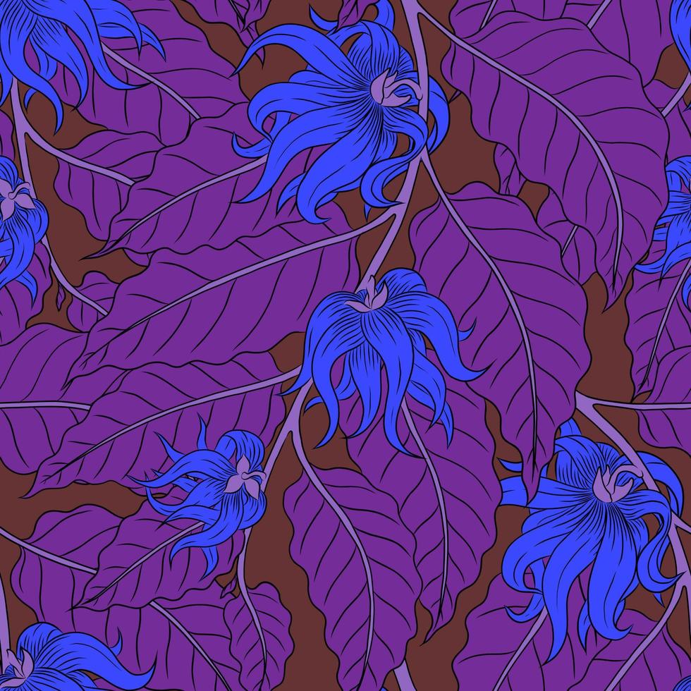 VECTOR SEAMLESS BURGUNDY PATTERN WITH BLUE YLANG-YLANG FLOWERS ON LILAC BRANCHES